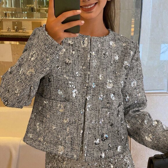 MODA ME COUTURE Jackets & Blazers - Silver Elegant Women's Long Sleeve Jacket